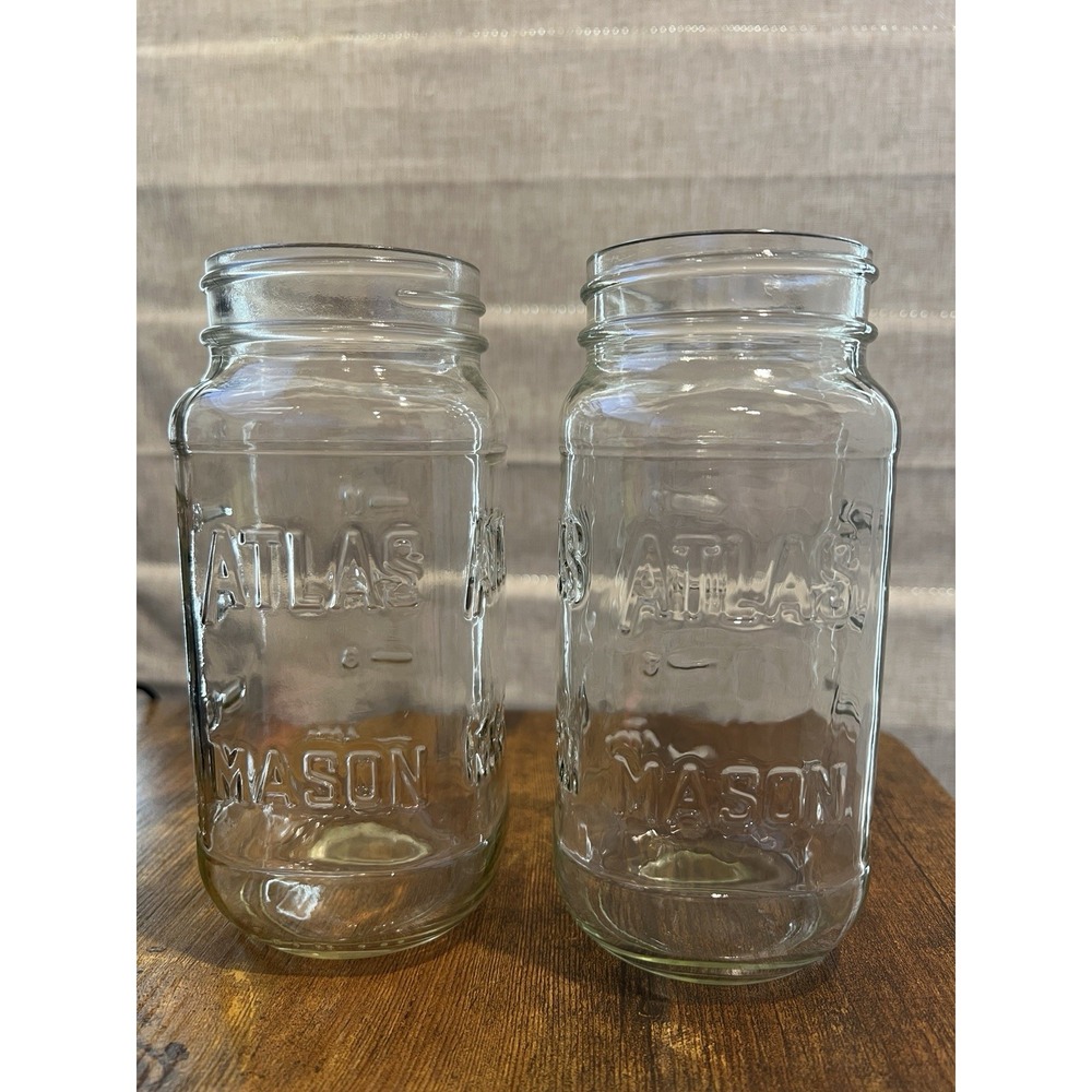 Vintage Atlas Mason Jars 20 oz Square Clear Glass Measuring Lines Canning Pair